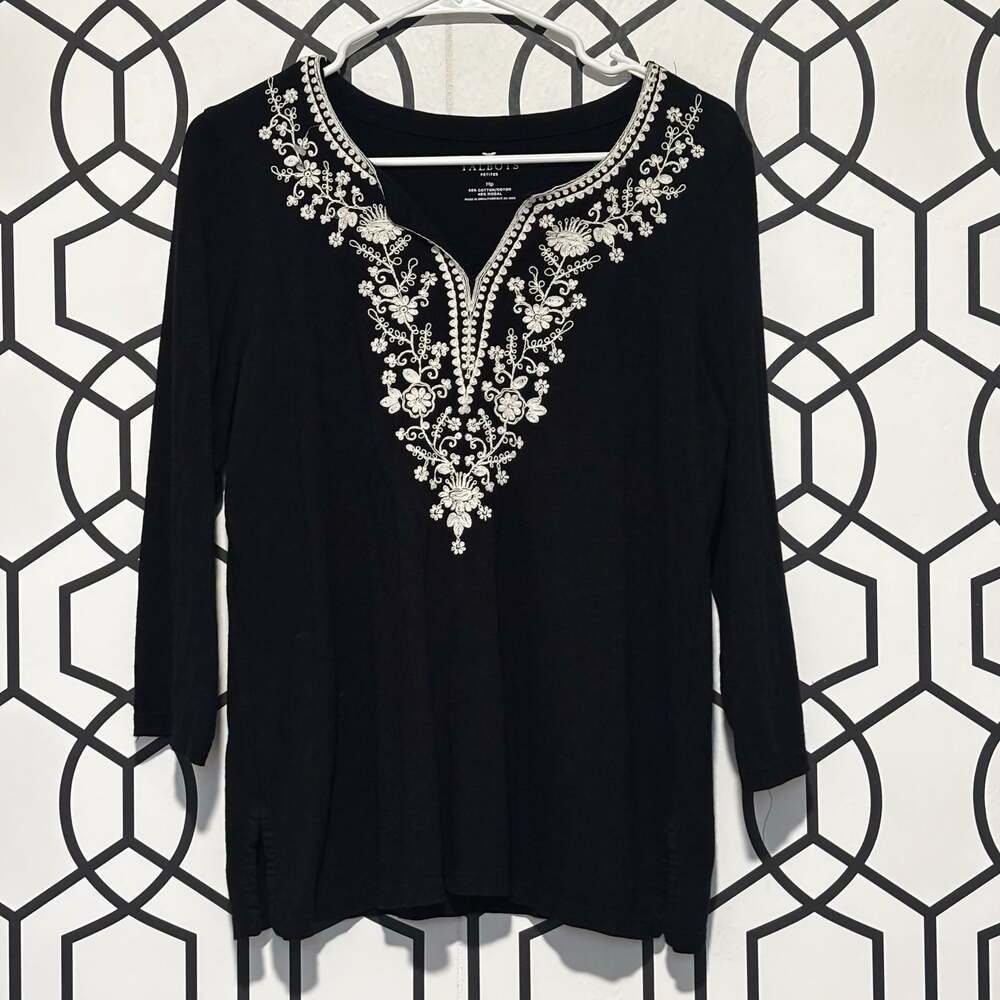 Talbots Petites Embroidered Split-Neck 3/4 Sleeve Knit Tunic Top Black Size MP